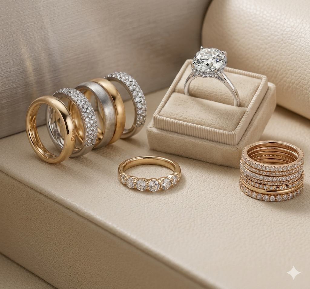 Rings collection — gold and silver bands, engagement and stacking rings